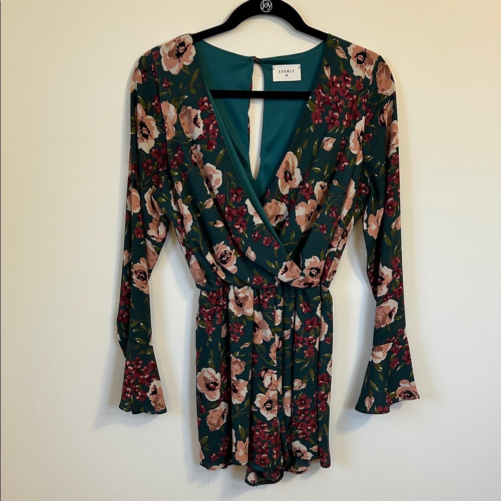 Everly Teal Floral Wrap Romper with Bell Sleeves